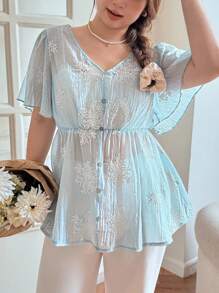 SHEIN LUNE 女士加大码V领花朵图案纽扣装饰荷叶袖衬衫，适合秋季、学校、乡村、复古风格，也适合教师穿着。 - 彩色 - 查看 6