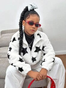 SHEIN Tween Girl Thick Fleece Star Print Cardigan Jacket, Heart Print Crew Neck, Casual Autumn/Winter Fall - White - View 5