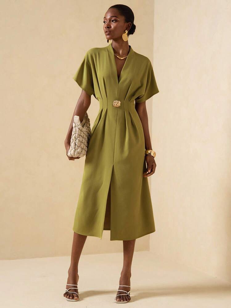 Vesra Elegant Olive Green Midi Dress With Batwing Sleeves And V-Neck For Formal Events - Olive Green - View 5