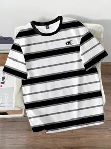 Manfinity Joysei Camiseta casual de hombre con patrón de rayas, versátil para uso diario, adecuada para verano, actividades al aire libre, escuela, deportes