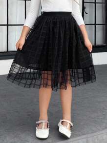 SHEIN Young Girl Elegant High Waist Plaid Mesh Midi Skirt With Lining, Perfect For Vacation - Black - View 2