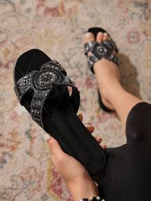 CUCCOO TILAWA Women's Fashion Party Black H-Shaped Sandals, Exquisite Rivet And Sparkling Crystal Decoration Design, Suitable For Various Matching Styles, Music Festivals, Urban Streets, Easily Create A Look - Black - View 4