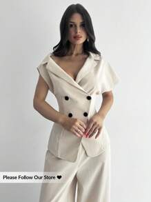 Firerie 女士休闲简约通勤时尚新款不对称露肩双排扣短袖薄款西装外套和高腰阔腿长裤杏色两件套，女士夏季办公室服装，毕业礼服，毕业，女士教师服装，秋冬返校 - 杏色 - 查看 7