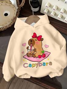 SHEIN 可爱的水豚图案，奶油色和米色配色方案，年轻女孩休闲宽松圆领舒适日常穿着针织长袖运动衫，适合秋冬季