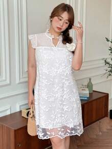 SHEIN LUNE 大码女式白色荷叶边袖不对称下摆连衣裙秋季婚礼宾客连衣裙商务休闲女士工作服商务连衣裙 - 白色 - 查看 3