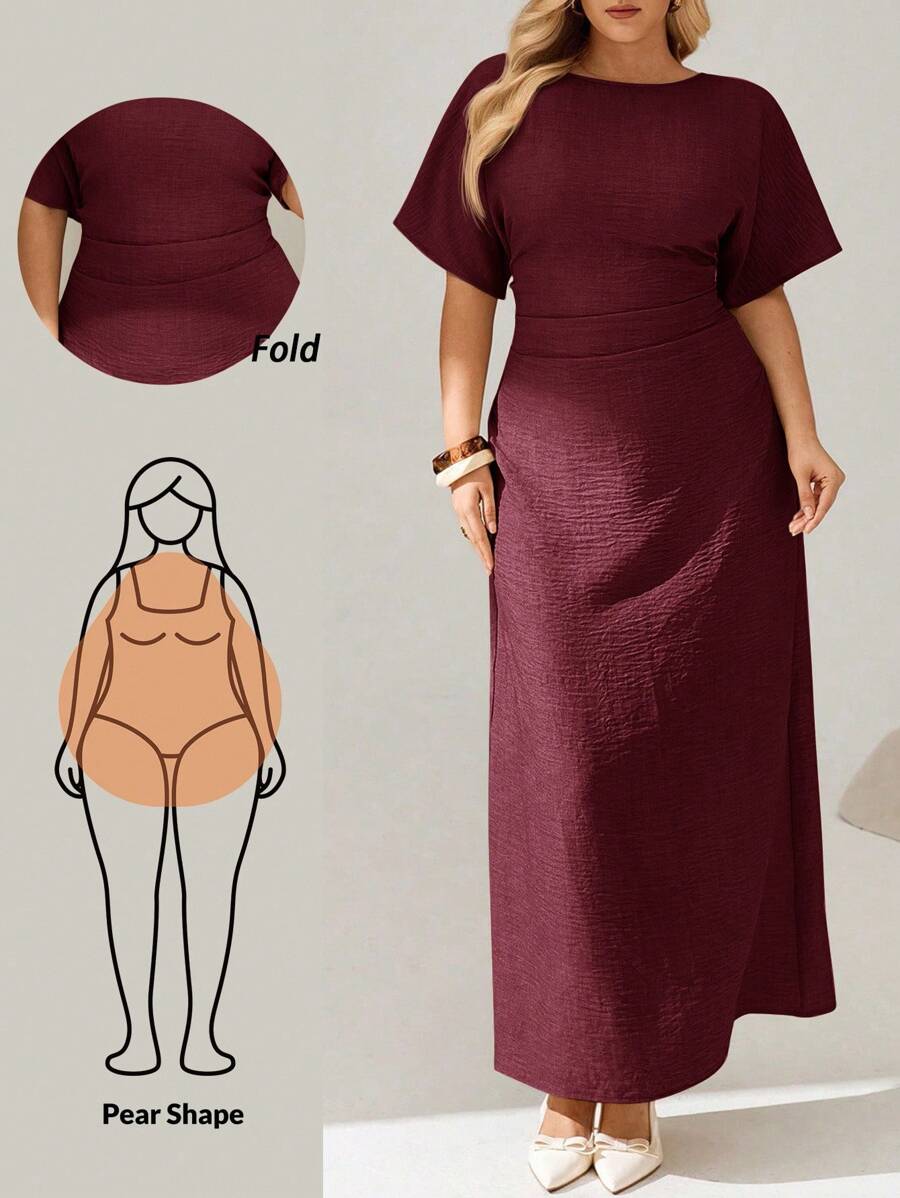 Auralis 女士大码夏季纯色亚麻连衣裙，短袖长裙，夏季女士连衣裙，女士夏季度假连衣裙，女士休闲连衣裙，女士端庄连衣裙 - 酒紅色 - 查看 1