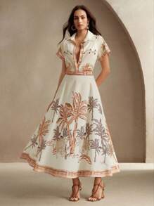 Anewsta 女士优雅热带植物印花 A 字中长裙，适合度假