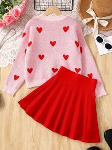 SHEIN 青少年女孩心形图案落肩圆领毛衣和纯色百褶裙 2 件套，适合日常穿着、返校、休闲场合，秋冬保暖，日常穿着 - 紅色 - 查看 2