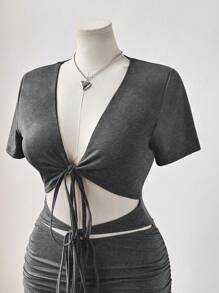 Sunspun Váy ôm body nhún bèo cổ chữ V buộc eo gợi cảm - Xám - Xem 4