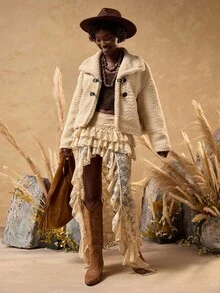 EURMUSE Sherpa Fleece Cropped Jacket With Wide Collar And Dual Black Toggle Closures, Soft And Stylish Warm Outerwear Beige - Beige - View 6