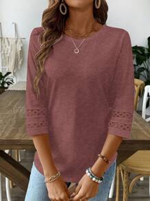 EMERY ROSE Camiseta gráfica de mujer con cuello redondo, unicolor, casual, con mangas huecas - Rojo violeta - Ver 4