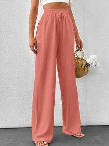 SHEIN Tall Sommer einfarbige beige Hose mit hoher Taille, Kordelzug und weitem Bein in Leinenoptik