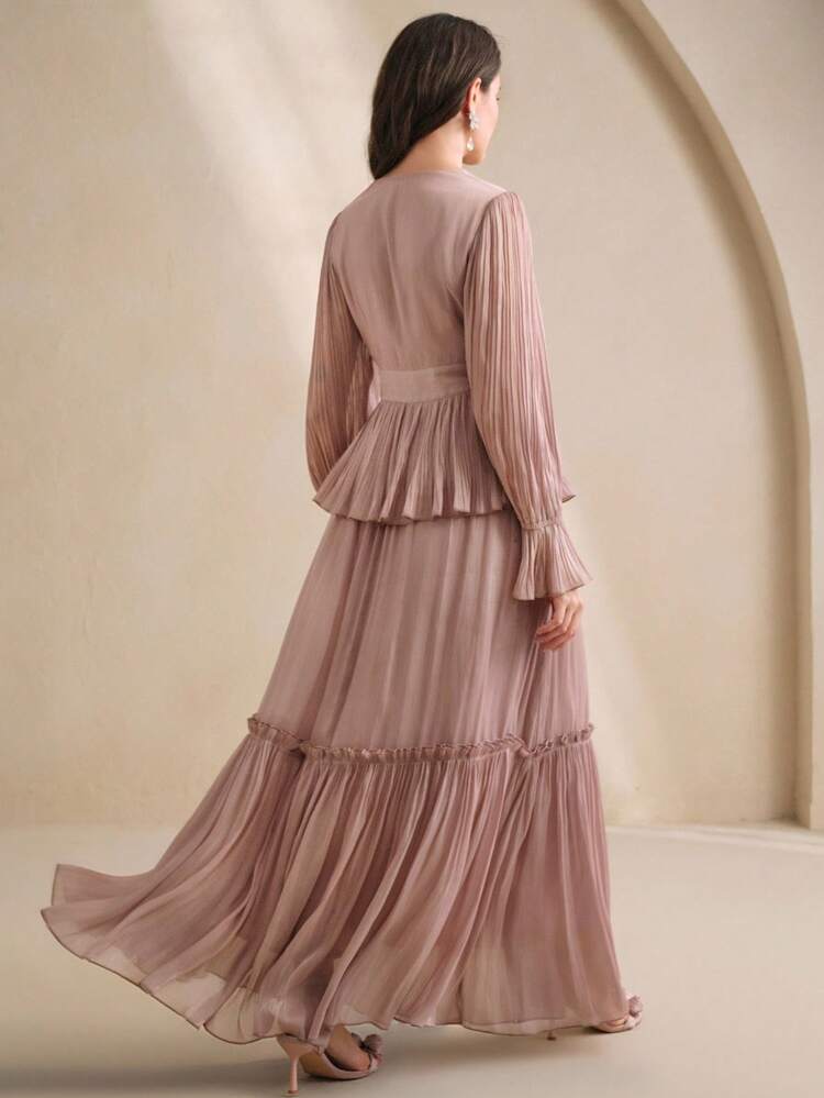 Women's Long Pleated Dress With Floral Decor, Elegant Formal Gown
