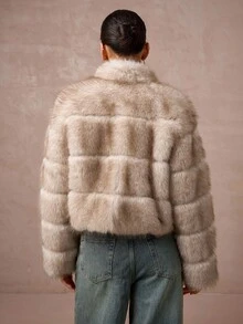 Lumalex 秋冬季宽松长袖短款仿皮草外套，适合假日度假、新年派对、夜间外出约会 - 摩卡棕 - 查看 7