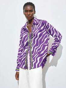 Maija Women's Multicolor Animal Print Zebra Pattern Fashionable Vacation Button-Up Shirt, Versatile All-Season Business Casual Blouse,Autumn Outfits For Women