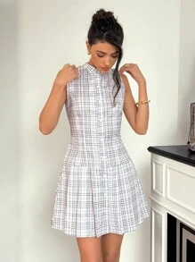Chiquease 女士夏季格子无袖单排扣褶裥迷你连衣裙 格子连衣裙 女士纽扣衬衫裙 无袖衬衫裙 夏季连衣裙 清爽格子季装 大学校园 - 卡其色 - 查看 5