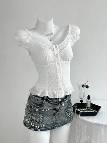 Elamini Casual Fashionable Versatile Lace Trim Fitted Women Shirt - White - View 4