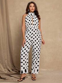 Roveilla 大码女式优雅波尔卡圆点印花露肩连体裤 - 彩色 - 查看 4