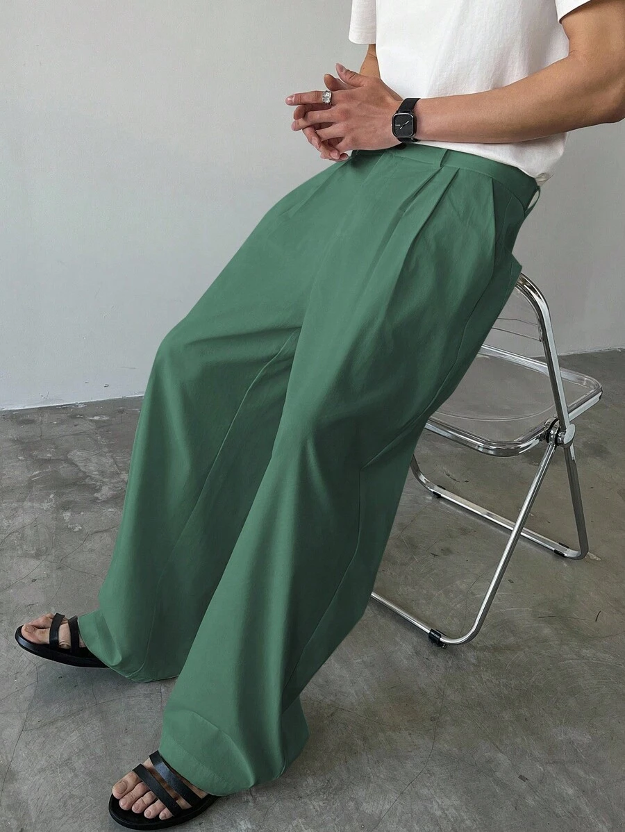 Claim Dot Men's Solid Color Pleated Pocket Wide Leg Loose Casual Pants, Fall - Grass Green - View 1