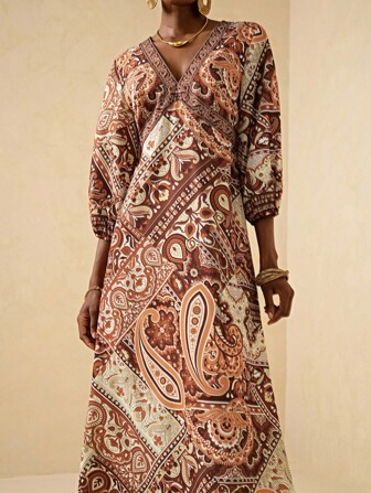 Vesra 波西米亚印花 V 领拼接灯笼袖腰喇叭下摆优雅女式连衣裙