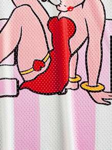 Betty Boop x SHEIN Slaydiva 大码卡通人物条纹宽松V领落肩粉色短袖棒球网眼T恤