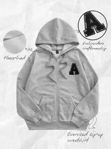 Attitoon Plus Size Women Grey Collegiate Style Casual Hoodie Jacket With Cute Letter Embroidery Pattern, Loose Fit, Suitable For Fall/Winter