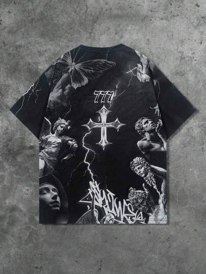 Goth Herren Kurzarm T-Shirt mit Muster der Jungfrau Maria und David, geeignet für den täglichen Gebrauch, Frühling/Sommer