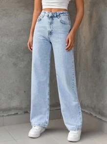 EURMUSE 100%Cotton Bleach Wash Straight Leg Jeans - Light Wash - View 3