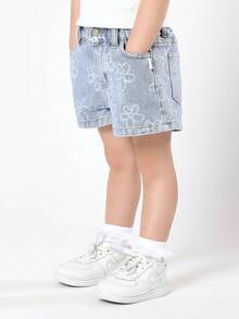SUMWON Mädchen Denim Shorts mit Blume Muster Design, Sommer Lässig Mittlere Taille Baumwollshorts, Strandmode Kinder Alltagskleidung mit elastischem Bund, bequem - Helle Waschung - Übersicht 3