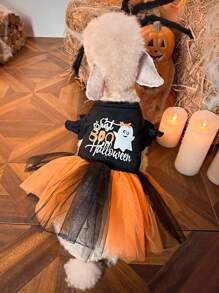 PETSIN Halloween Ghost Print Contrast Color Mesh Tutu Dress Costume Party Outfit For Pets