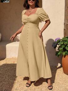 SHEIN Clasi Plus Size Summer Simple Solid Color Sweetheart Neck Side Ruched Dress - Apricot - View 3