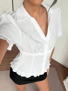 Roylia Áo cánh trơn một hàng khuy, viền eo xếp ly cho nữ, màu trắng - trắng - Xem 7