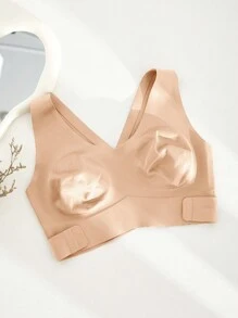 1 件女士无缝无衬垫优雅透气舒适交叉后背抹胸式文胸前扣聚拢运动文胸 - 杏色 - 查看 7