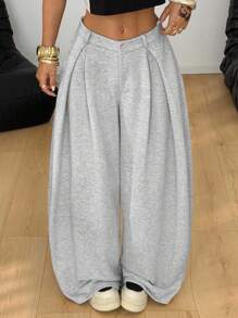 Coolane 女式夏季复古休闲嬉皮街头超大法式灰色弧形下摆宽松裤 - 淺灰色 - 查看 6