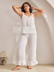 Ocili 大码女式条纹绉纱睡裤，荷叶边下摆，舒适，秋季