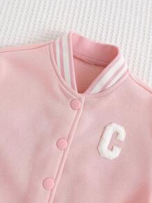 Cozy Pixies Áo nỉ dài tay cổ bóng chày thêu chữ màu tương phản thời trang thu đông cho bé gái, có miếng vá, đa năng, lót nhiệt - Hồng - Xem 4