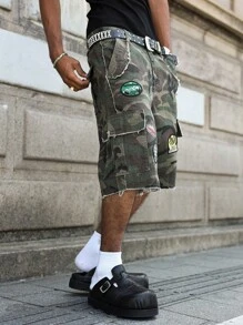 Manfinity EMRG 大码男士街头时尚休闲磨边迷彩牛仔短裤 - 軍綠色 - 查看 8