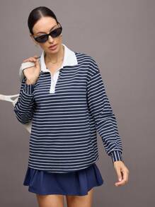 Activina 女式休闲条纹长袖运动 Polo 衫 - 藍色 - 查看 6