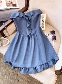 GlowEve Denim Effect V-Neck Ruffle Hem Elegant Women Short Dress
