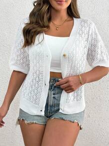 SHEIN Tall CURVE Women's Button Front Short Sleeve Knitted Cardigan, Plus Size Open Knit Cardigan For Autumn Winter Fall