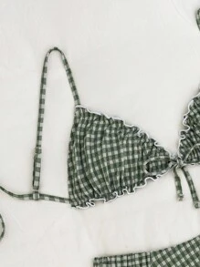 Swim Mod 2pcs Textured Fabric Ruffled Front Tie Bow Waist Pleated Cute Sweet Fashion Lively Party Bikini Set Set - Army Green - View 5