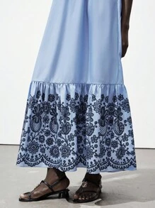 Lumivelle Women's Casual Vacation Floral Embroidery Ruffle Hem Long Strap Dress, Summer Summer Dress Clothes For University - Blue - View 3