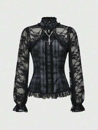 Goth Chemise à carreaux pour femmes avec manches bouffantes en dentelle contrastée et taille cintrée, style écolière