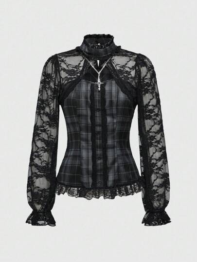 Goth Schulmädchen-Stil Kontrast Spitze Puffärmel Taille geraffte karierte Bluse für Frauen