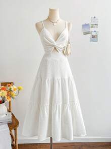 Soleia Váy midi không tay dáng suông xẻ tà màu trơn dành cho nữ, thời trang mùa hè - trắng - Xem 3