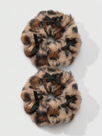 Kawaii 2pcs Y2K Retro Chic Leopard Print Fuzzy Scrunchies With Bow, Stylish Combination Set Suitable For Women, Girls Daily Wear And Holiday Gifts