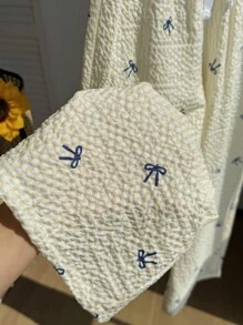 女童粉色条纹蝴蝶结印花泡泡袖纹理腰部白色撞色系带宽松裤子 - 黃色 - 查看 3