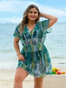 Swim Lushoire 大码女式随机印花V领短袖宽松休闲罩衫