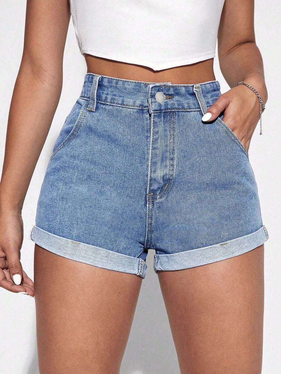 SHEIN Essnce Shorts en mezclilla bajo de doblez - Lavado ligero - Ver 1