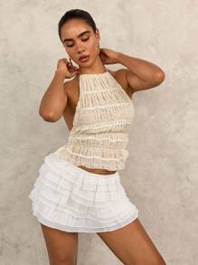 SHEIN Swim Women's Casual Solid Color Ruffle Hem Cover Up & Shorts Set - White - View 7
